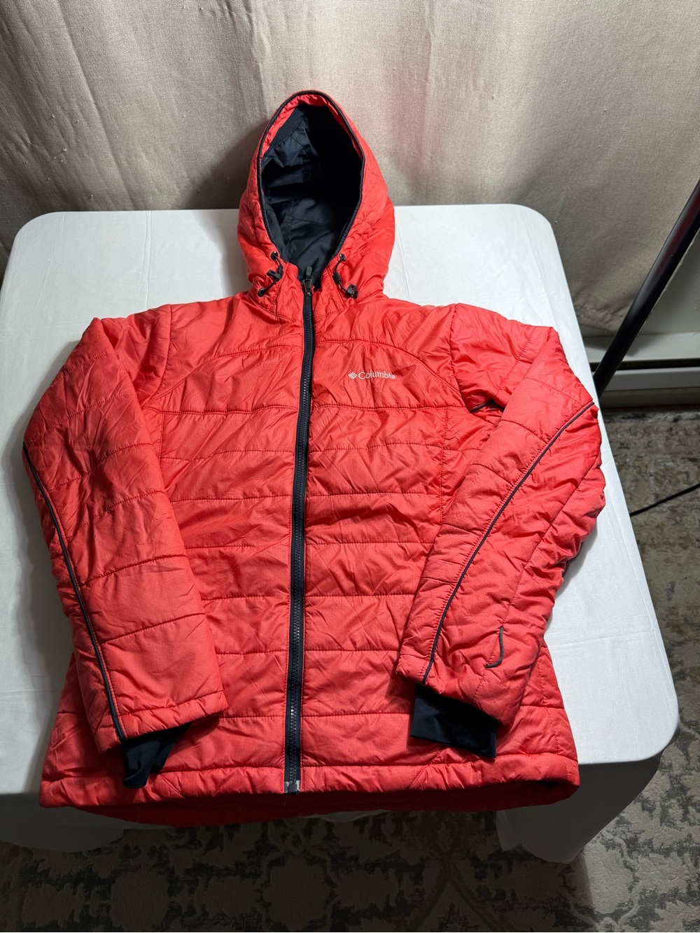 Columbia Red Quilted Hooded Puffer Jacket with Black Trim